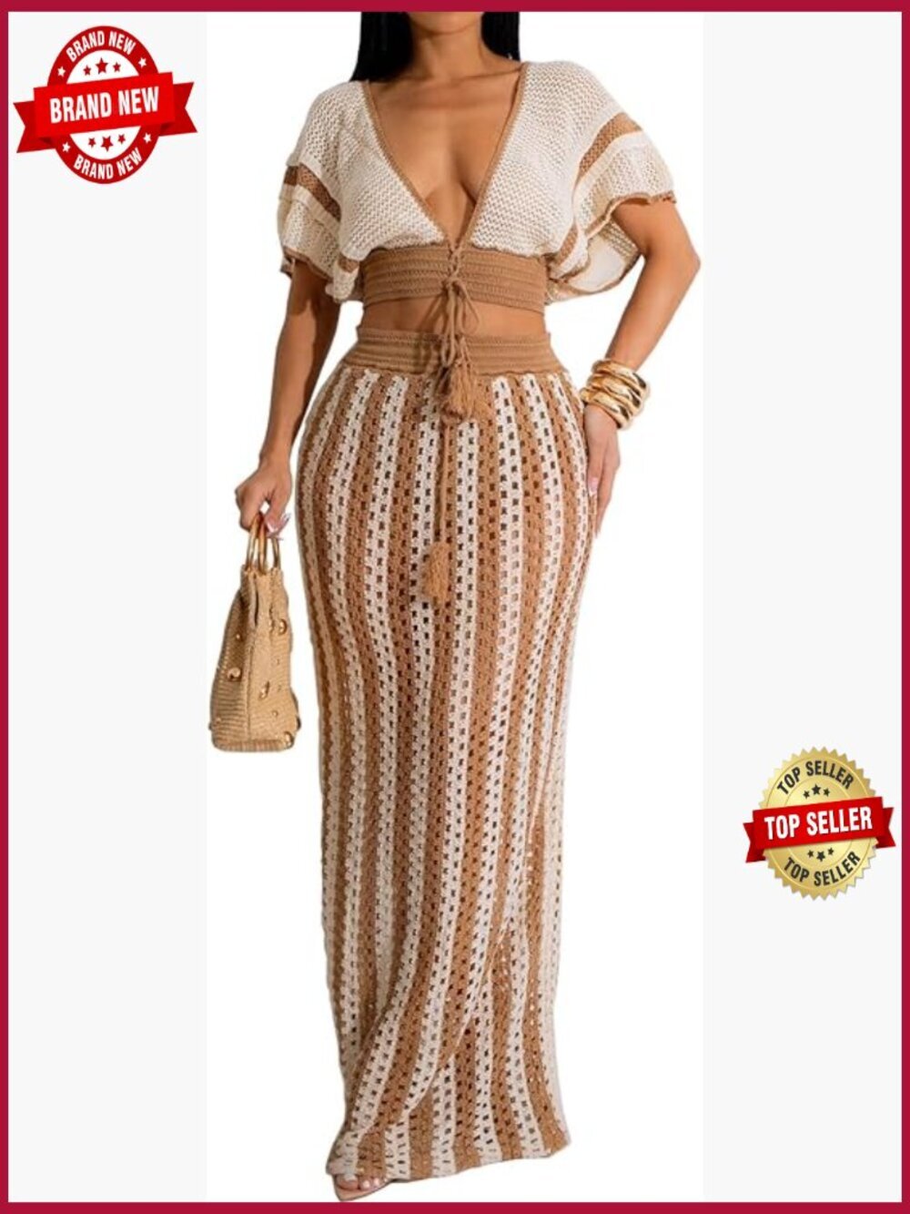 Crochet Two Piece Skirt Set Boho Crop Top Maxi Skirt Vacation Outfit